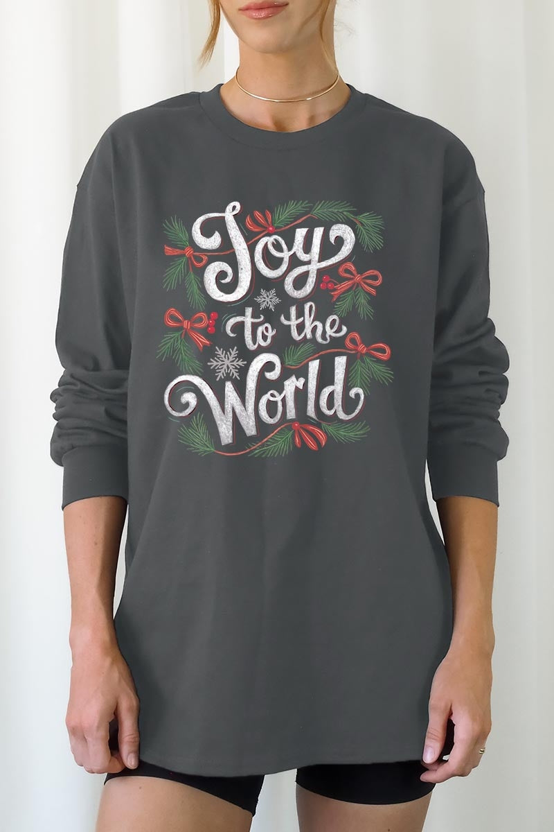 UL240P-E3221 Joy to the World Christmas Graphic Plus Long Sleeve Tee $17