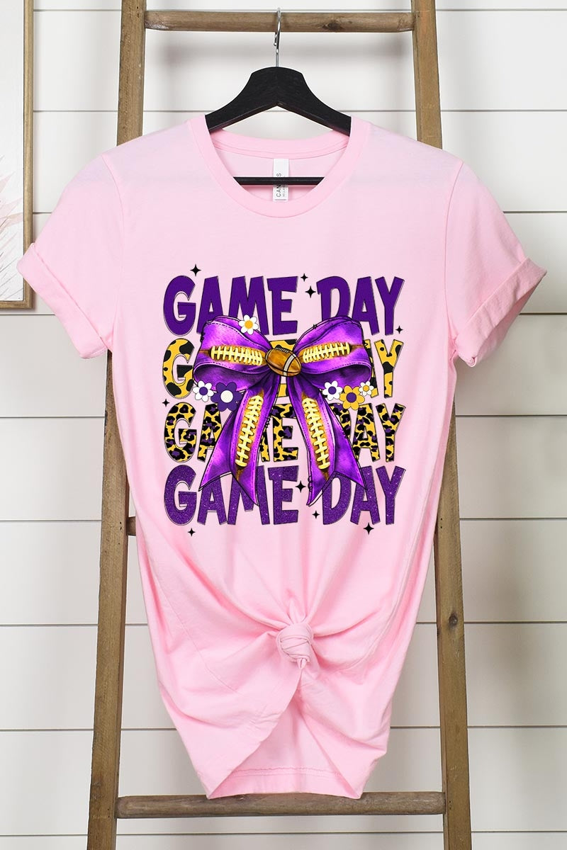 US3001-E3092 Purple Yellow Football Game Day Bow Graphic Tee $12.5