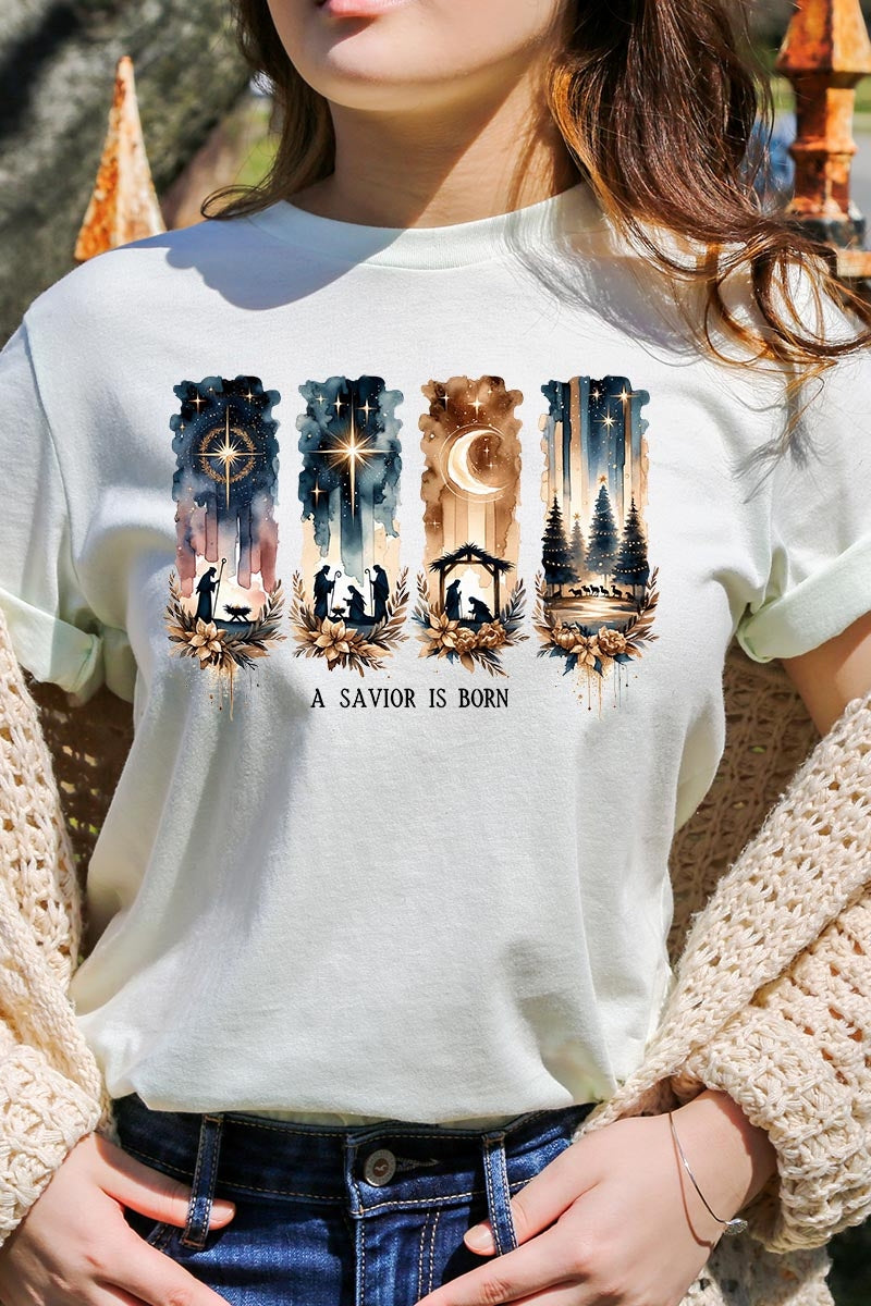 US3001-E3204 Savior Is Born Nativity Graphic Tee $12.5