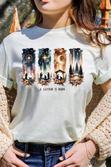 US3001-E3204 Savior Is Born Nativity Graphic Tee $12.5