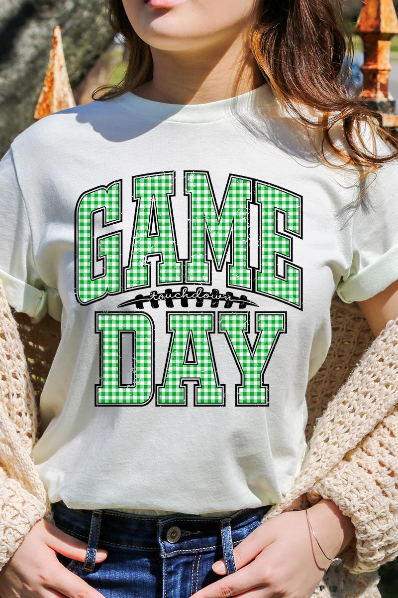 US3001-E3128 Green Gingham Game Day Graphic Tee $12.5