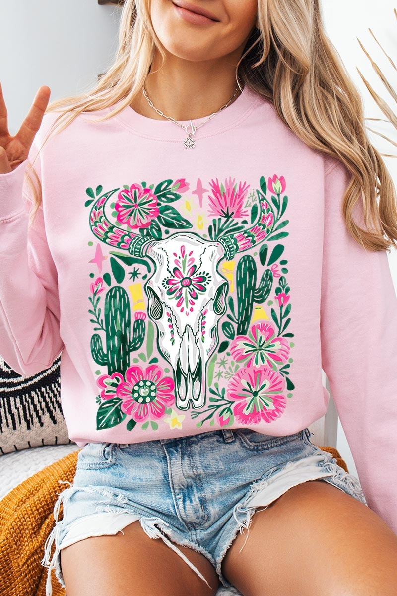 UL180P-E3086 Western Floral Cow Skull Graphic Plus Sweatshirt $25