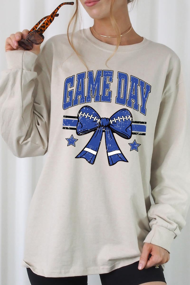 UL240-E3065 Blue Game Day Football Bow Graphic Long Sleeve Tee $13.75