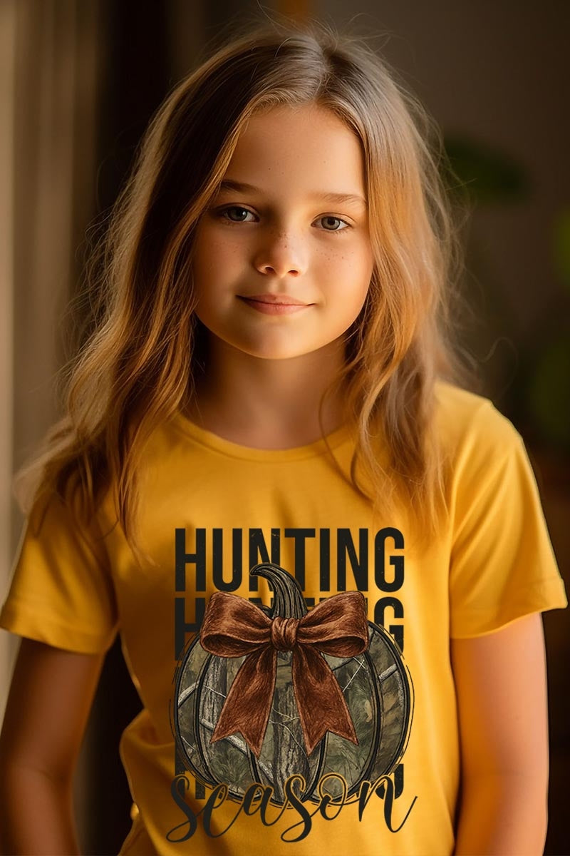 US3001Y-E3190Z Hunting Pumpkin Bow Kids Graphic Tee $11
