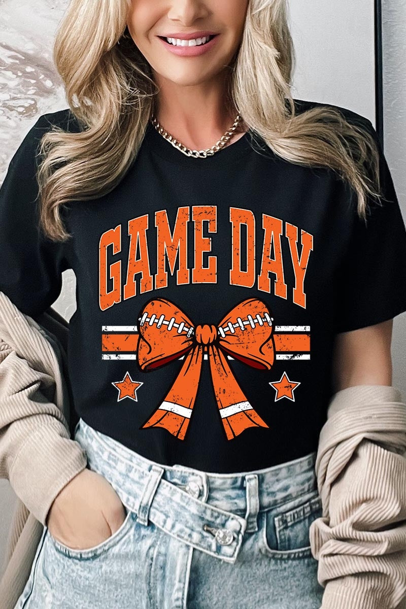 US3001-E3064 Orange Game Day Football Bow Graphic Tee $12.5