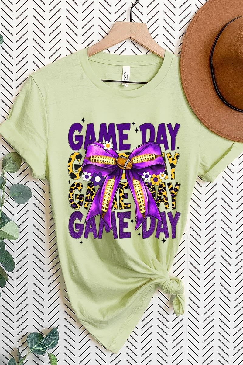 US3001-E3092 Purple Yellow Football Game Day Bow Graphic Tee $12.5