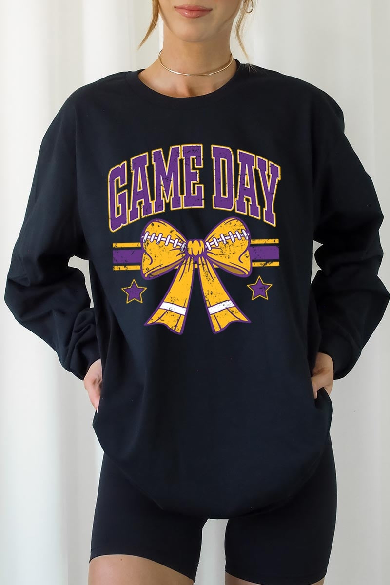 UL240P-E3063 Purple Game Day Football Bow Plus Long Sleeve Tee $17