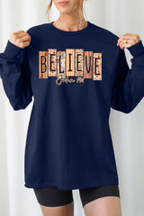 UL240-E3167 Believe Fall Christian Graphic Long Sleeve Tee $13.75