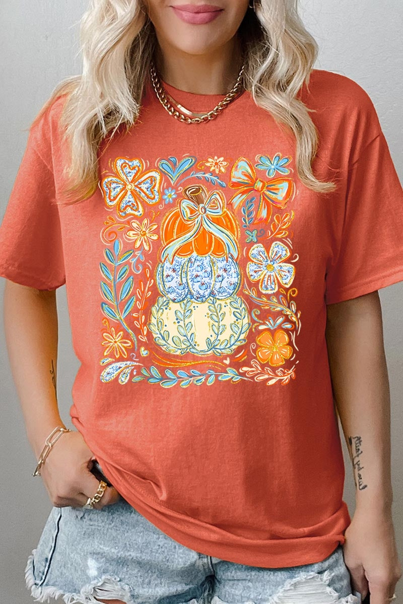 5000P-E3153 Floral Pumpkin Stack Graphic Plus Heavy Cotton Tee $12.75
