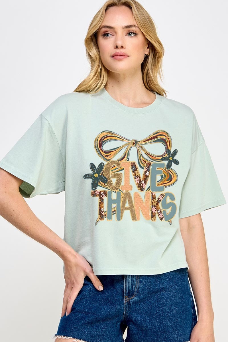 CTS-E3154 Give Thanks Bow Graphic Relaxed Crop Top $11