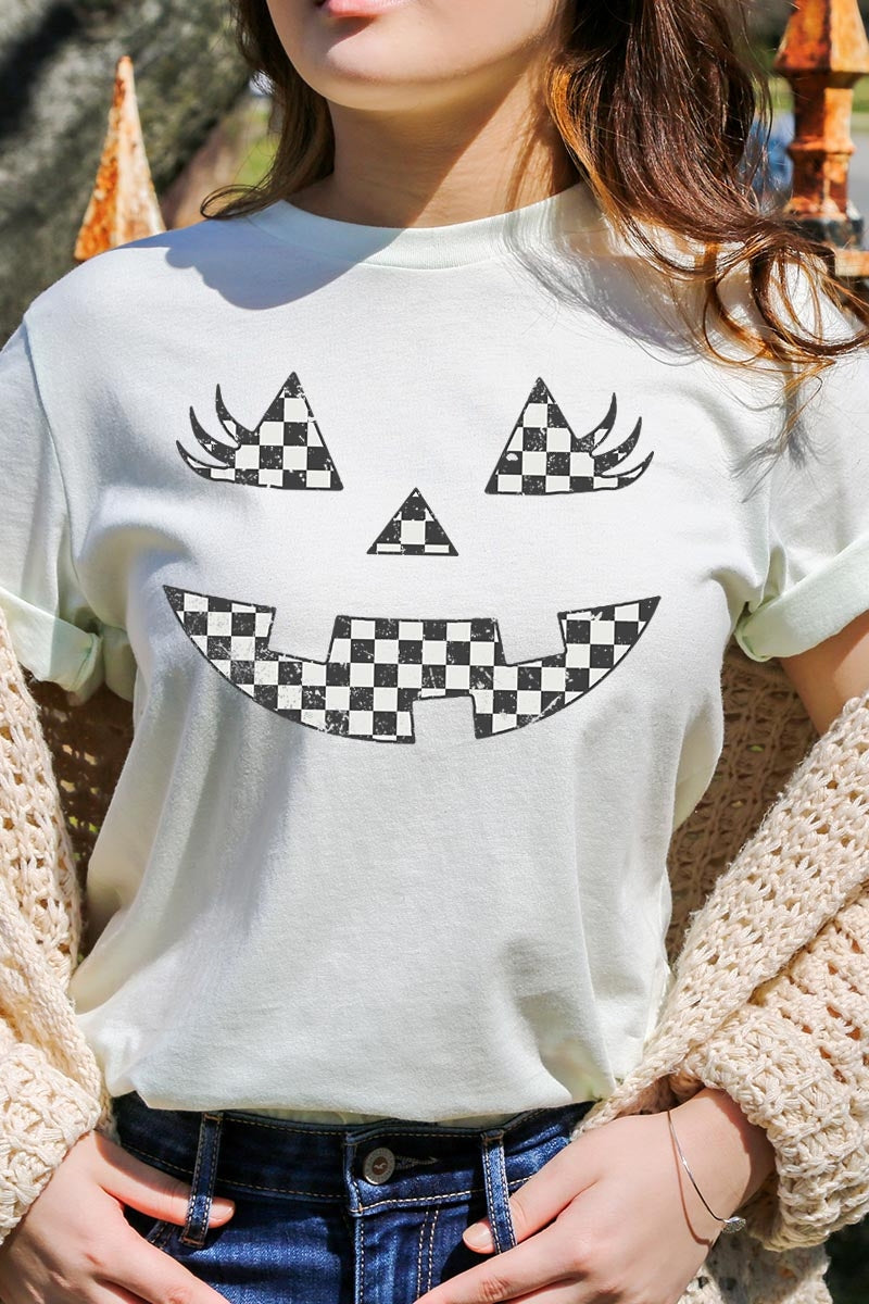 US3001P-E3149 Checker Pumpkin Face Graphic Plus Tee $16