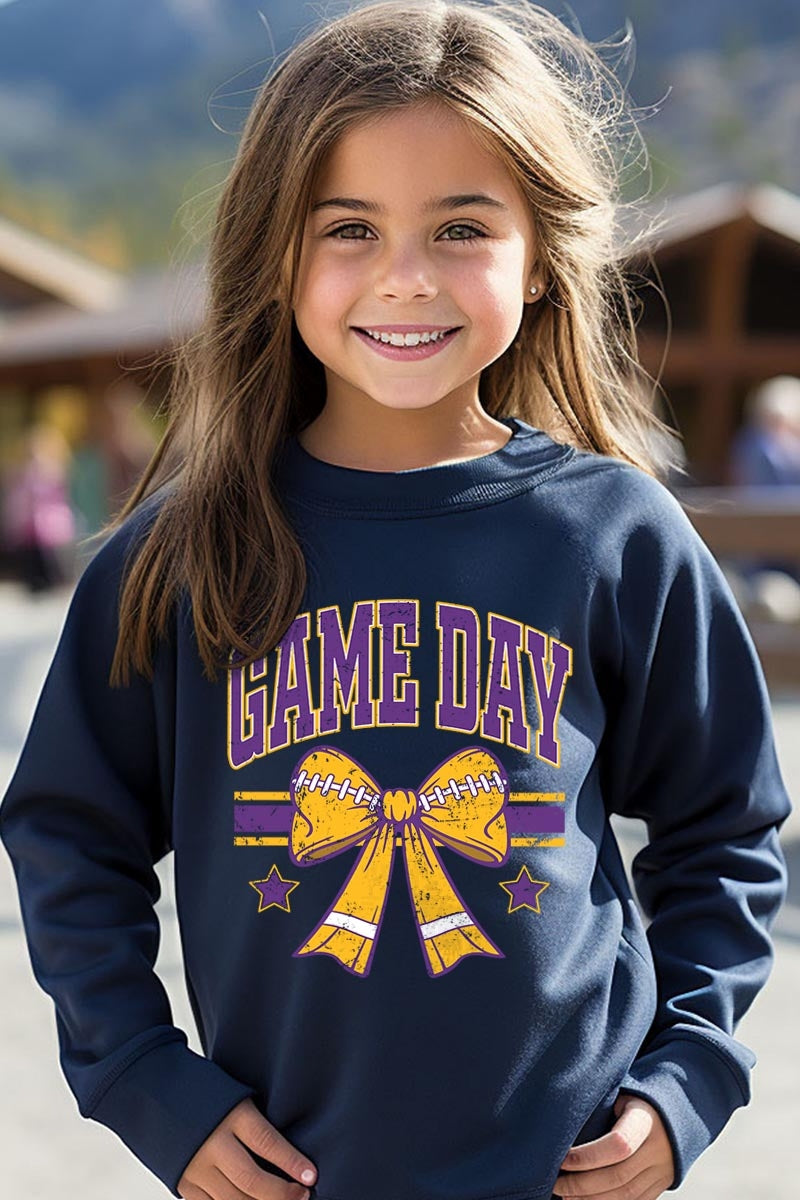 UL180B-E3063Z Purple Game Day Football Bow Kids Sweatshirt $20