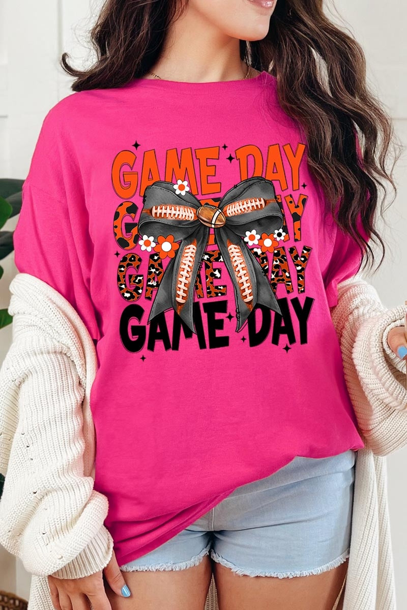 5000P-E3088 Orange Black Football Bow Plus Heavy Cotton Tee $12.75