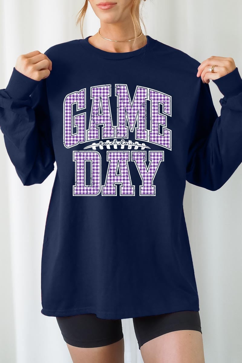 UL240-E3127 Purple Gingham Game Day Graphic Long Sleeve Tee $13.75
