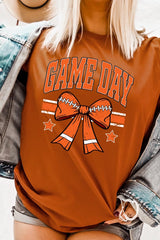 US3001-E3064 Orange Game Day Football Bow Graphic Tee $12.5