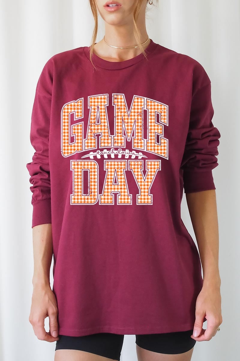 UL240-E3129 Orange Gingham Game Day Graphic Long Sleeve Tee $13.75