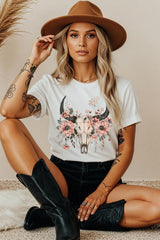 5000-E3113 Western Skull Floral Graphic Heavy Cotton Tee $9