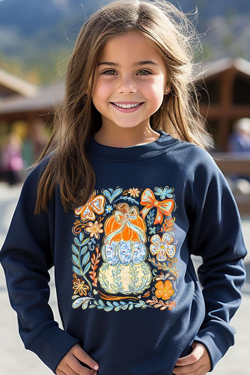 UL180B-E3153Z Floral Pumpkin Stack Kids Graphic Sweatshirt $20