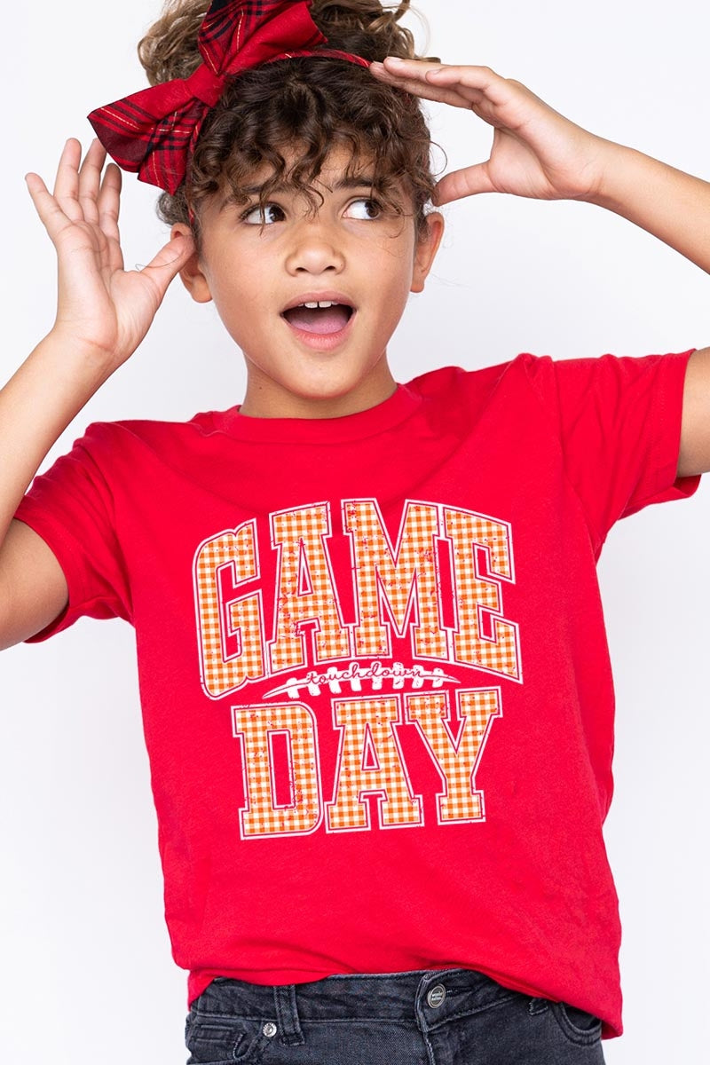 US3001Y-E3129Z Orange Gingham Game Day Kids Graphic Tee $11