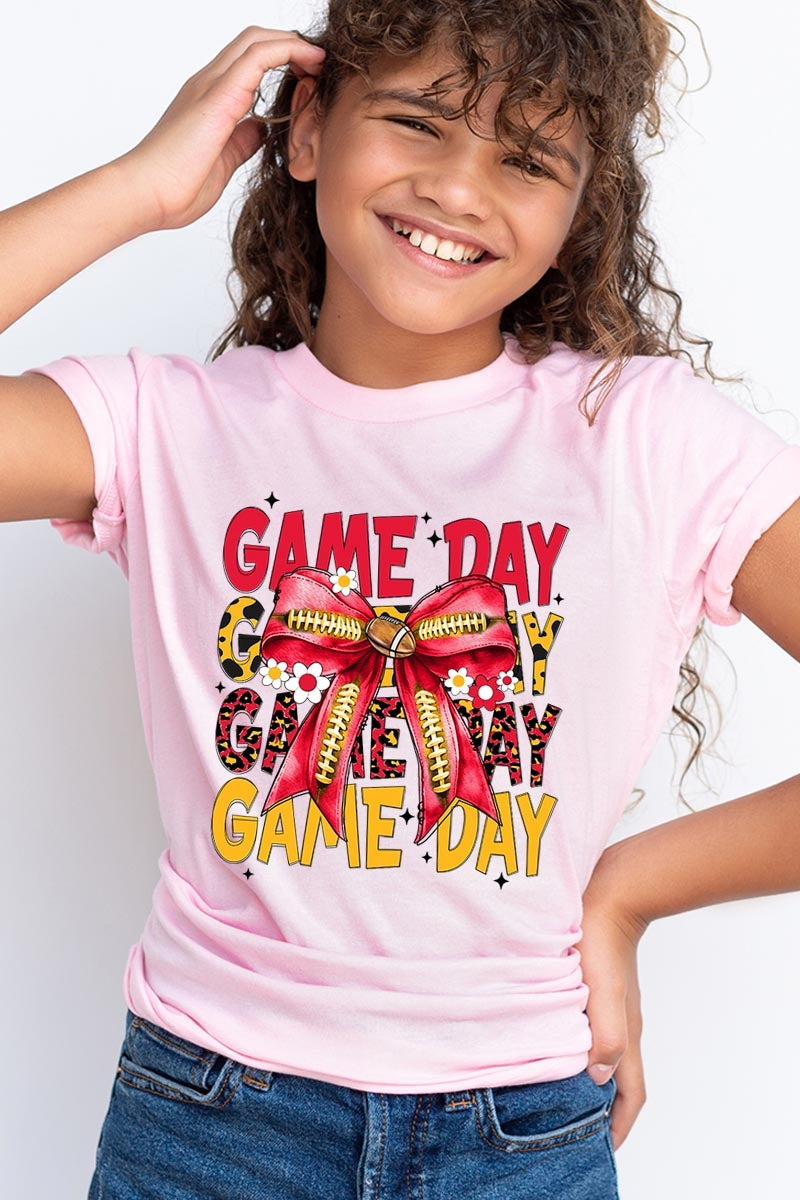 US3001Y-E3091Z Red Yellow Football Game Day Bow Kids Graphic Tee $11