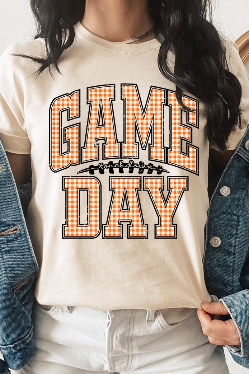 US3001-E3129 Orange Gingham Game Day Graphic Tee $12.5