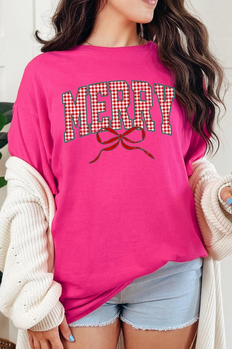 5000-E3206 Plaid Merry Christmas Bow Graphic Heavy Cotton Tee $9