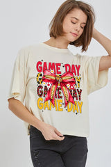 CTS-E3091 Red Yellow Football Game Day Bow Relaxed Crop Top $11