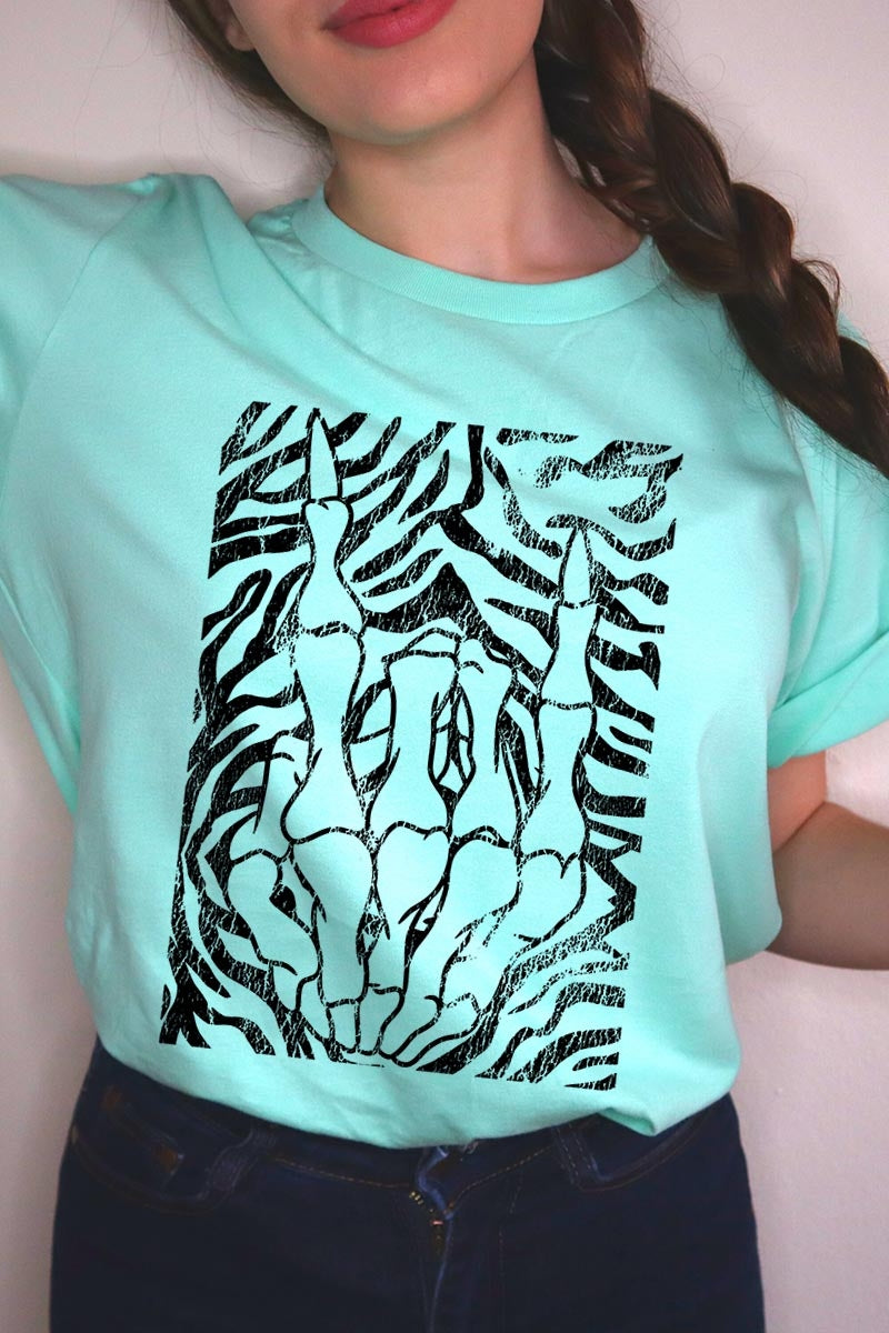 US3001-E3177 Skeleton Hands Zebra Graphic Tee $12.5