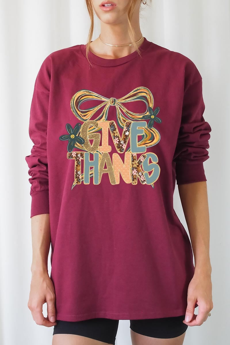 UL240P-E3154 Give Thanks Bow Graphic Plus Long Sleeve Tee $17
