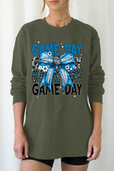 UL240-E3089 Blue Silver Football Game Day Bow Long Sleeve Tee $13.75