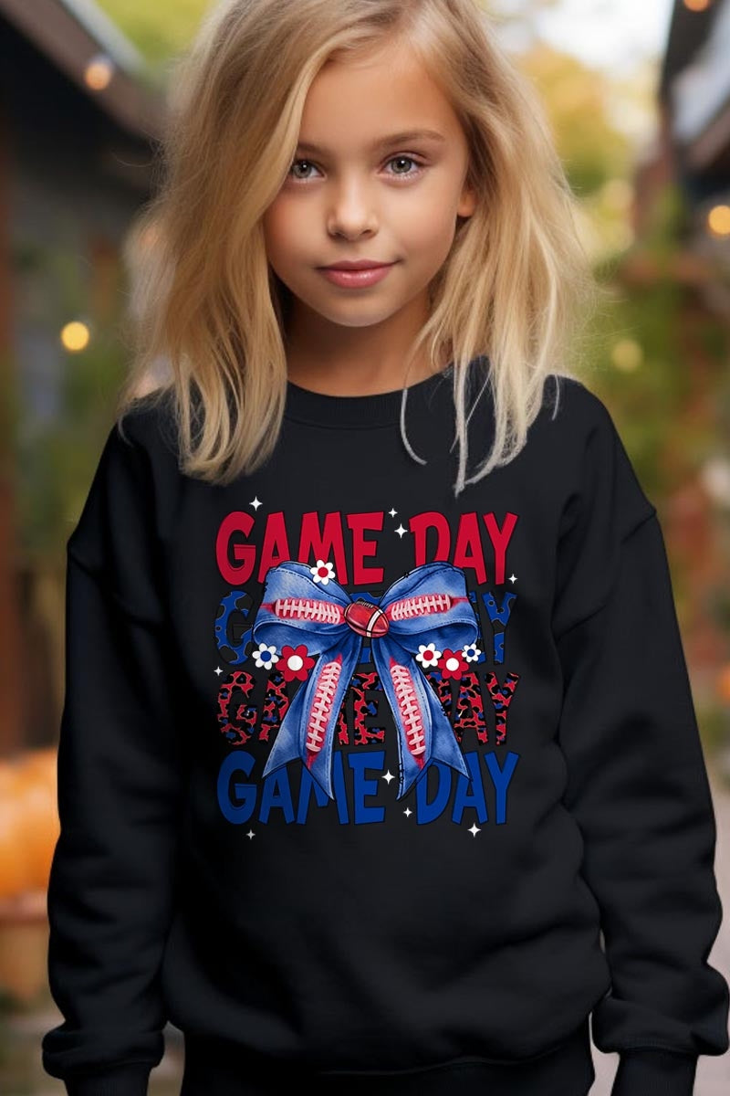 UL180B-E3087Z Red Blue Football Game Day Bow Kids Sweatshirt $20