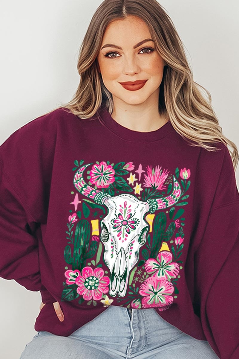 UL180P-E3086 Western Floral Cow Skull Graphic Plus Sweatshirt $25