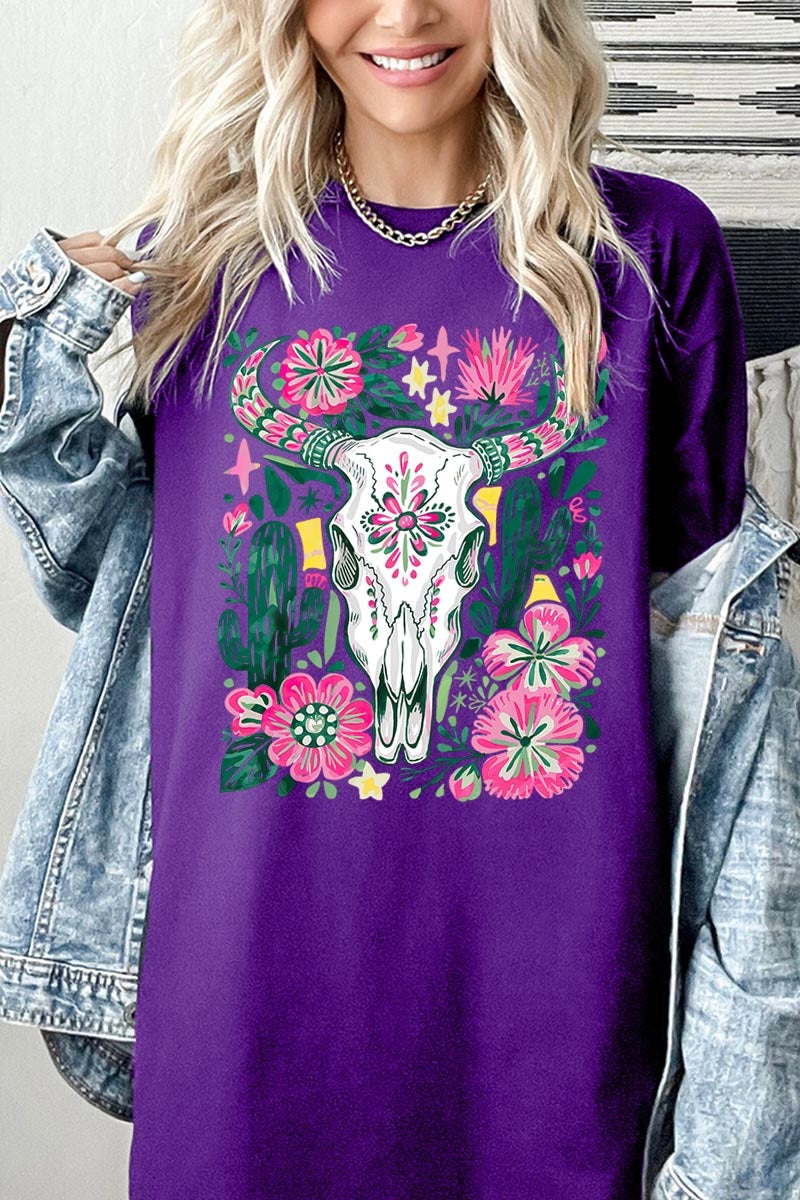 5000P-E3086 Western Floral Cow Skull Plus Heavy Cotton Tee $12.75