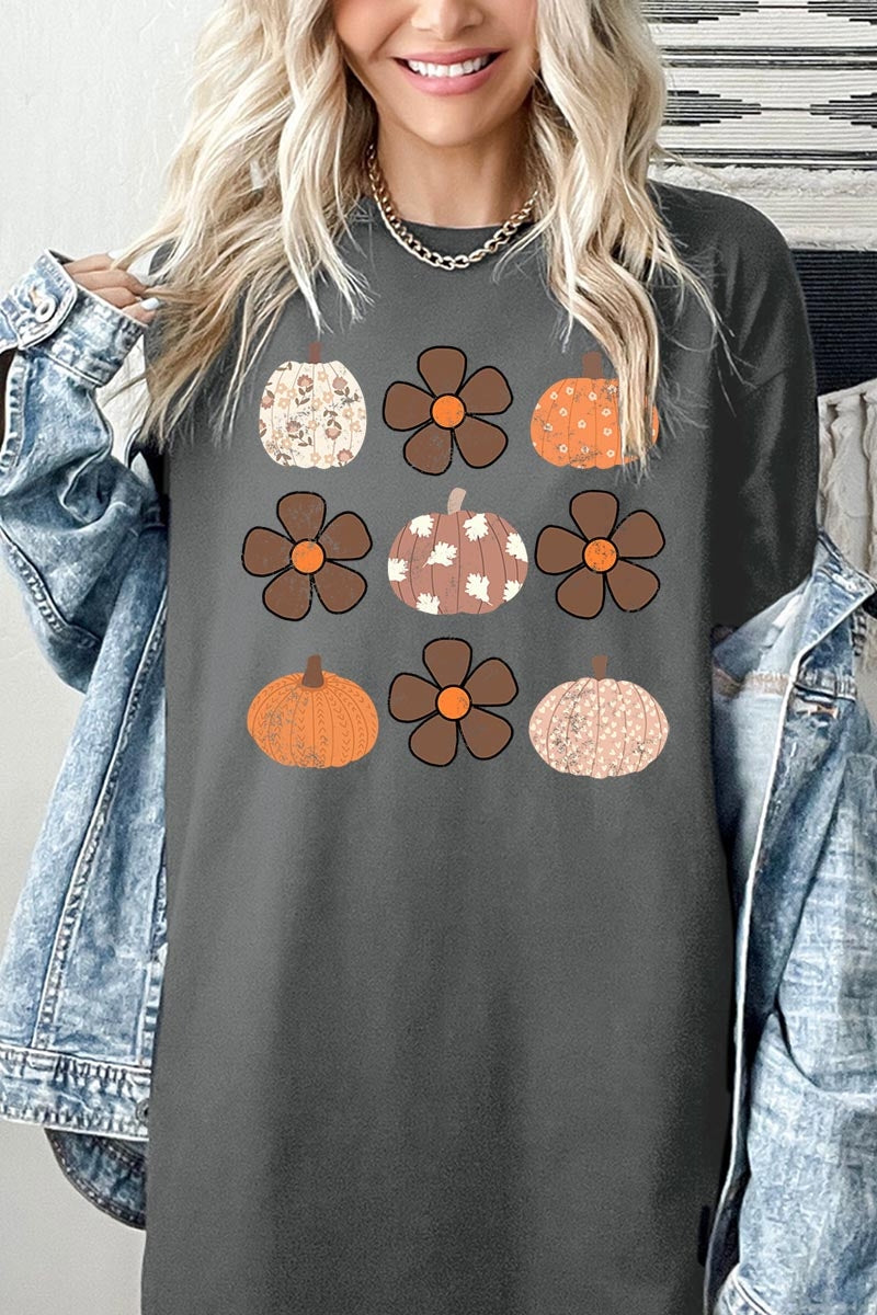 5000-E3117 Pumpkins & Flowers Fall Graphic Heavy Cotton Tee $9