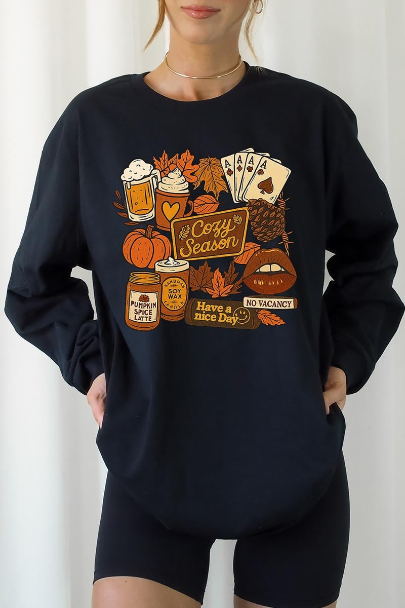 UL240-E3119 Retro Fall Collage Graphic Long Sleeve Tee $13.75