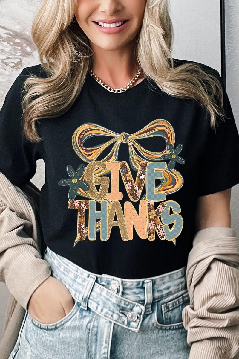 US3001-E3154 Give Thanks Bow Graphic Tee $12.5