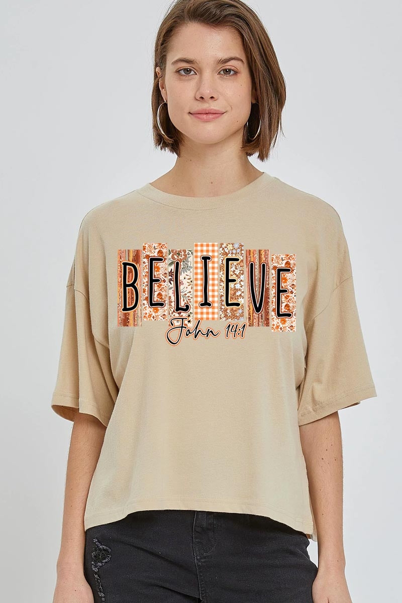 CTS-E3167 Believe Fall Christian Graphic Relaxed Crop Top $11