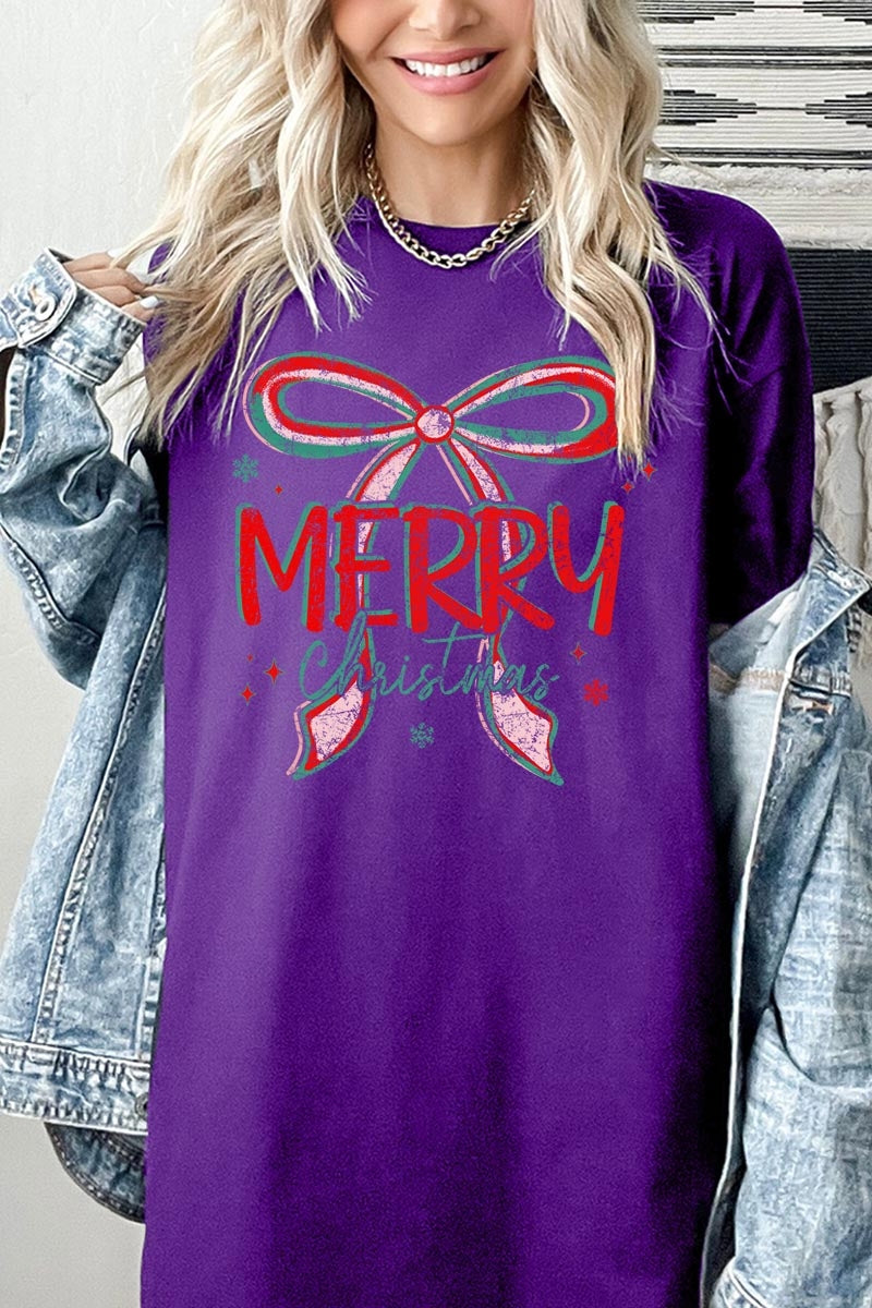 5000-E3197 Merry Christmas Bow Graphic Heavy Cotton Tee $9