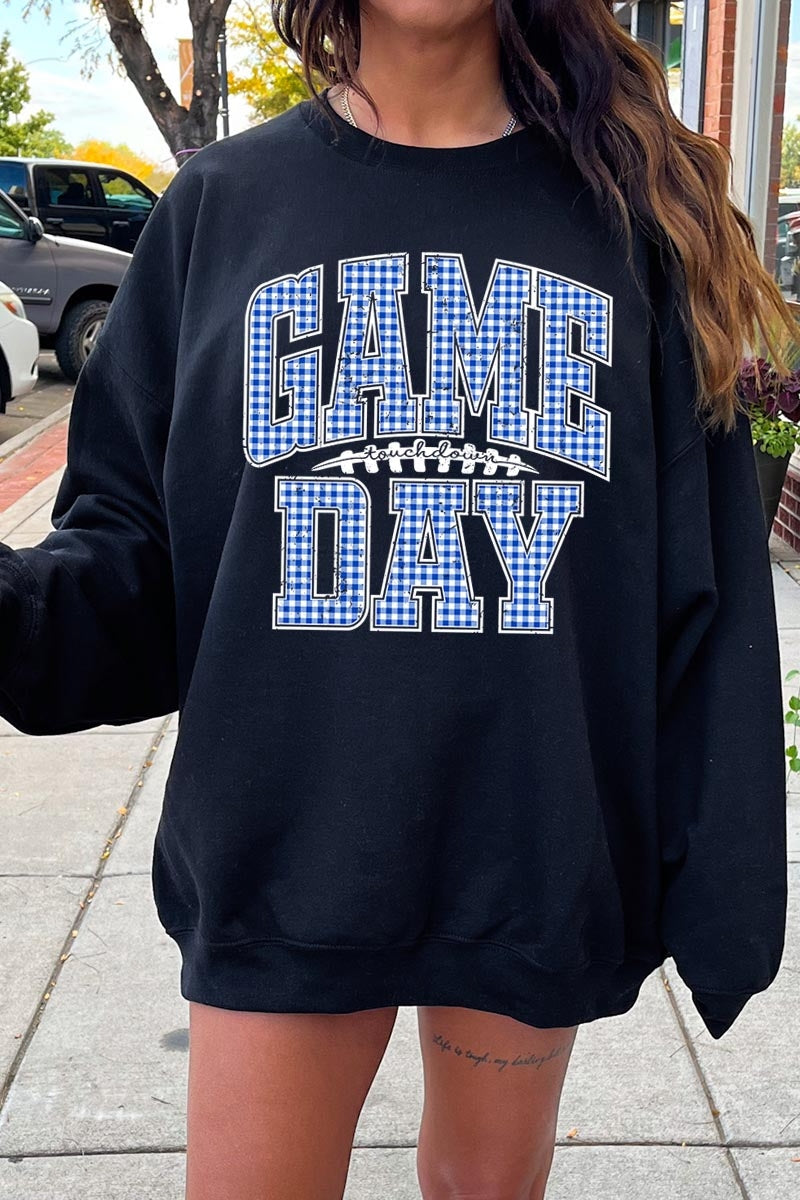 UL180P-E3130 Blue Gingham Game Day Graphic Plus Sweatshirt $25