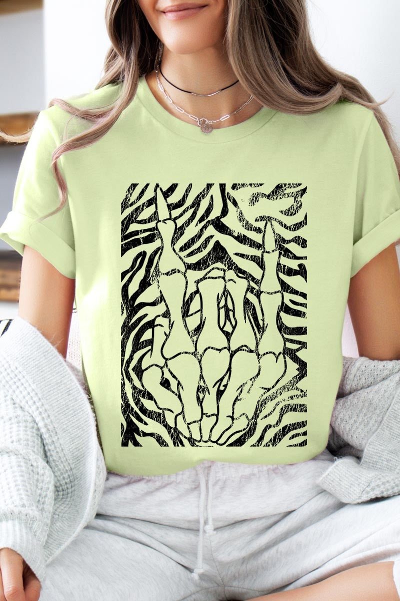 US3001-E3177 Skeleton Hands Zebra Graphic Tee $12.5