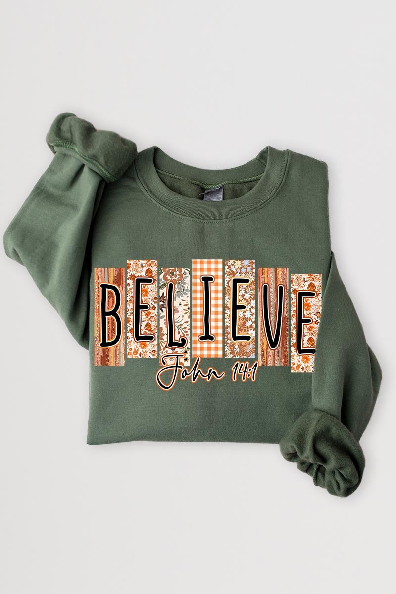 UL180P-E3167 Believe Fall Christian Graphic Plus Sweatshirt $25