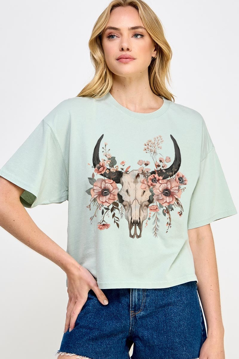 CTS-E3113 Western Skull Floral Graphic Relaxed Crop Top $11