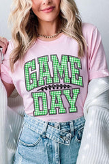 US3001P-E3128 Green Gingham Game Day Graphic Plus Tee $16