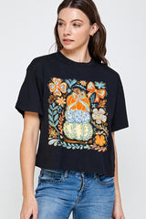 CTS-E3153 Floral Pumpkin Stack Graphic Relaxed Crop Top $11