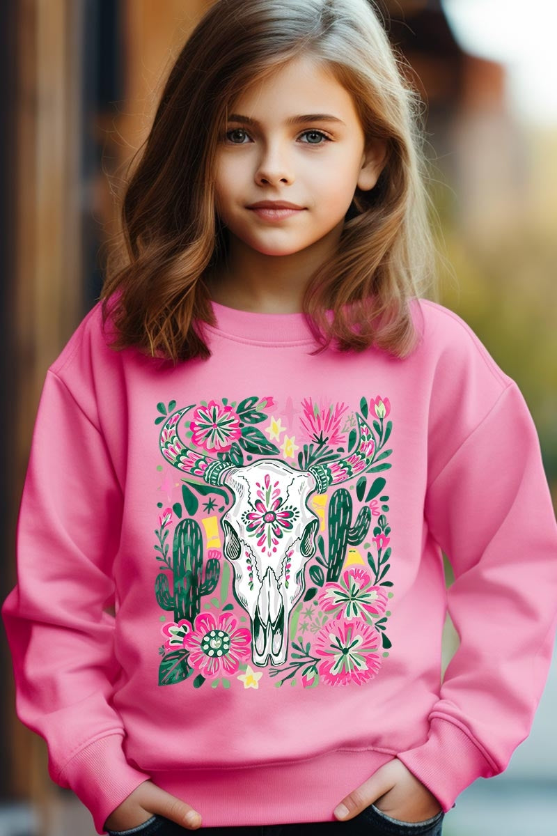 UL180B-E3086Z Western Floral Cow Skull Kids Graphic Sweatshirt $20