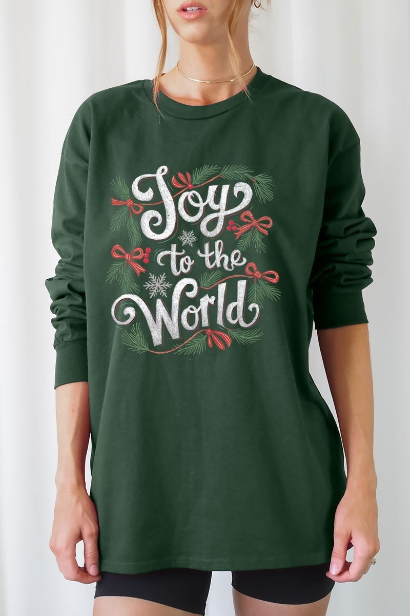 UL240P-E3221 Joy to the World Christmas Graphic Plus Long Sleeve Tee $17