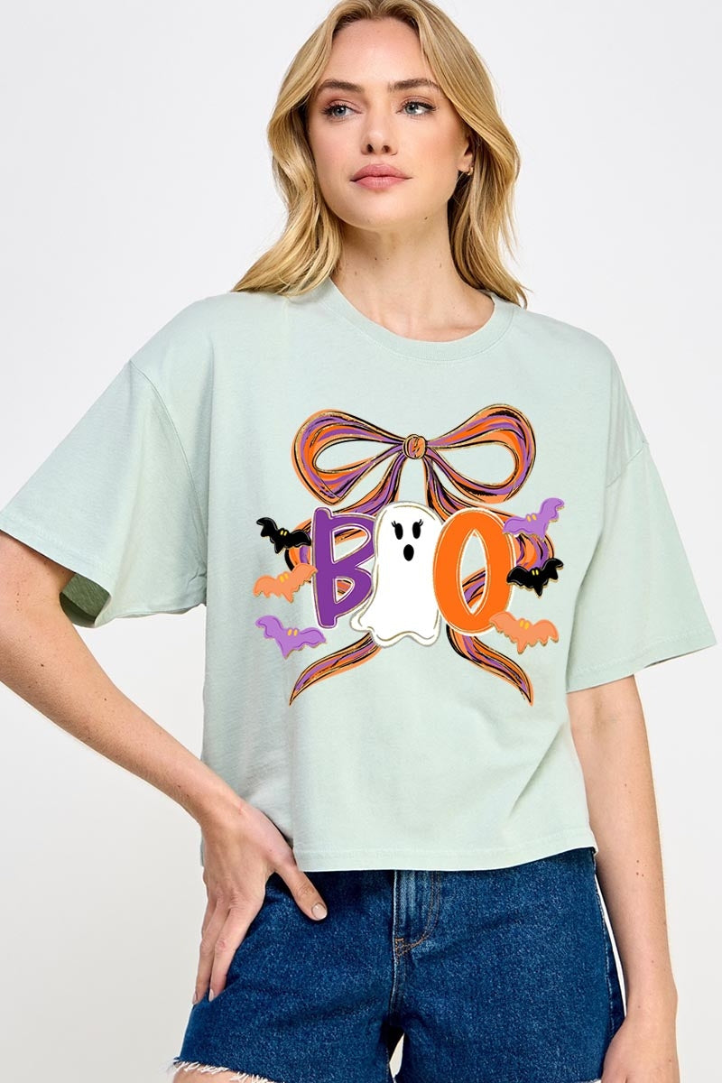 CTS-E3120 Boo Brushstroke Bow Graphic Relaxed Crop Top $11
