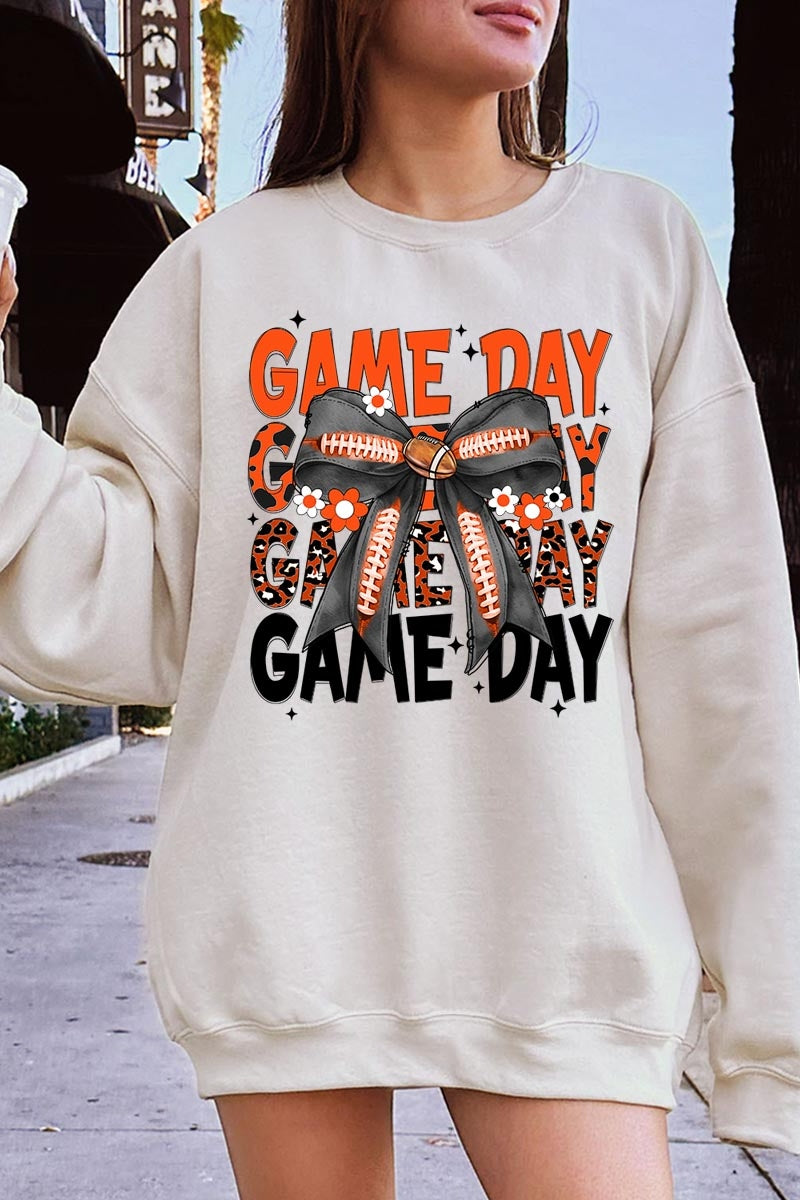 UL180P-E3088 Orange Black Football Game Day Bow Plus Sweatshirt $25