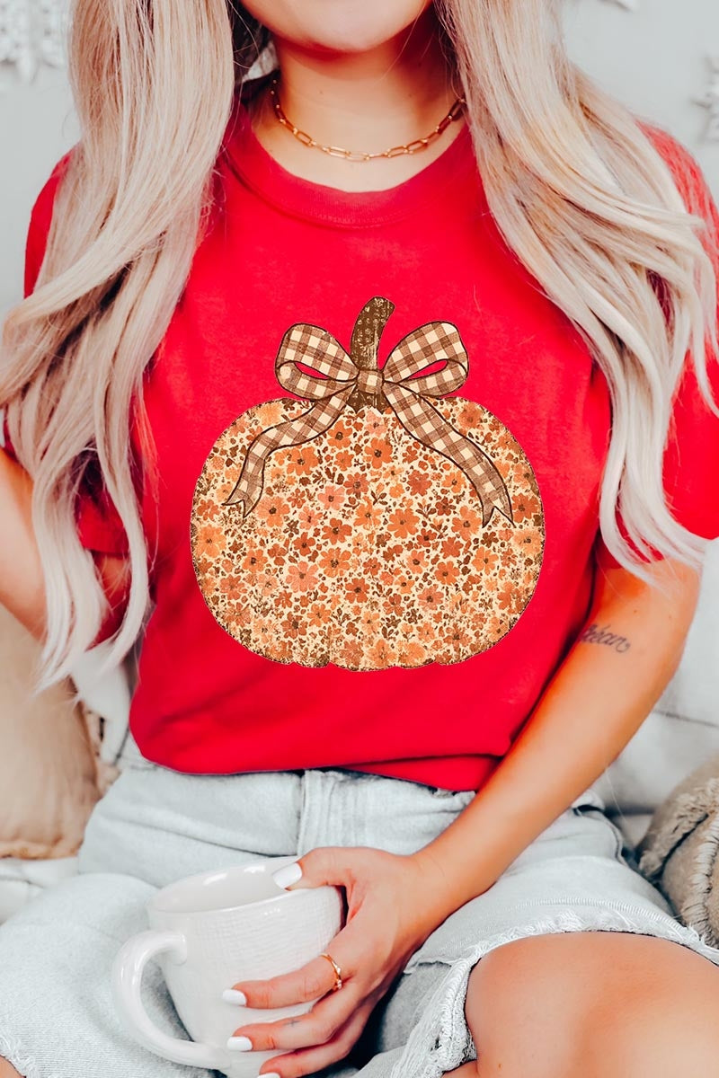 US3001-E3135 Floral Fall Pumpkin Graphic Tee $12.5