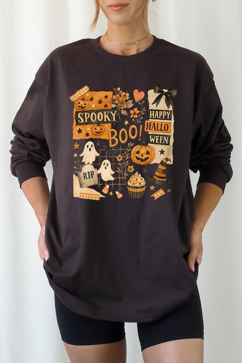 UL240-E3084 Halloween collage Graphic Long Sleeve Tee $13.75